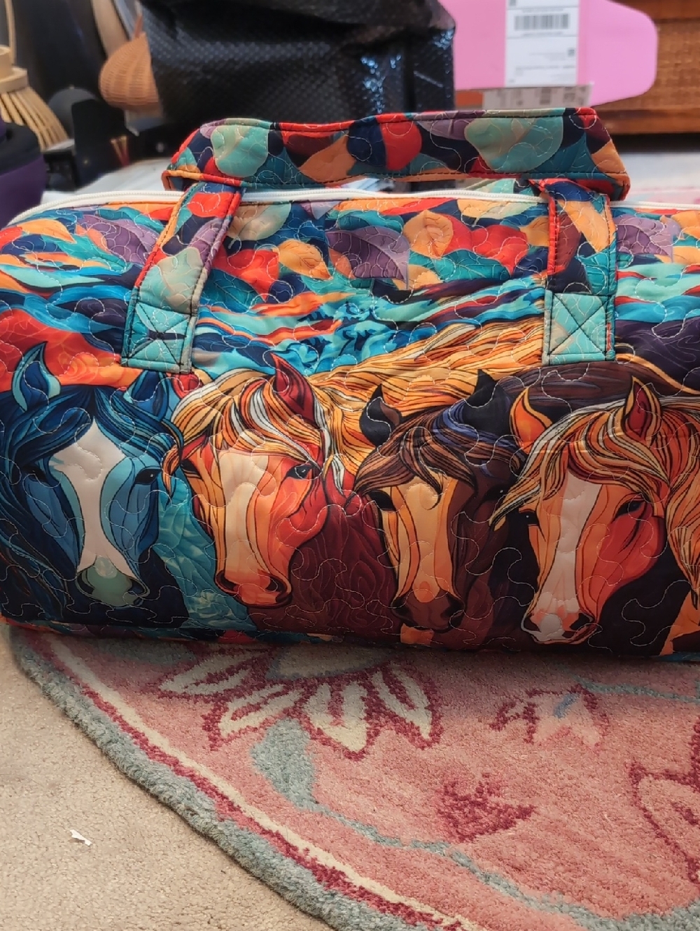 Quilted Multi-Color Horse Print Duffle Bag